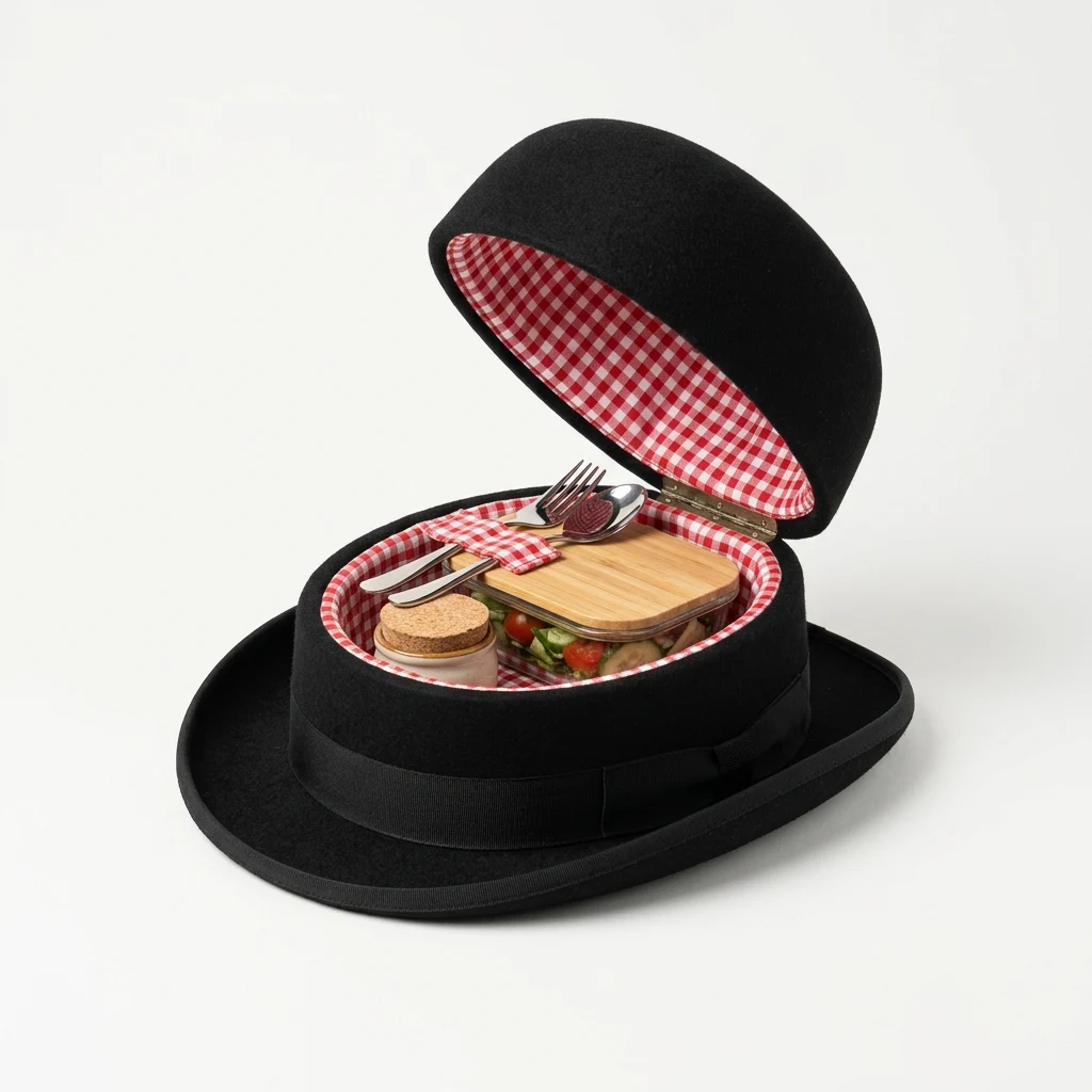 Chapeau melon avec panier pique-nique sous calotte