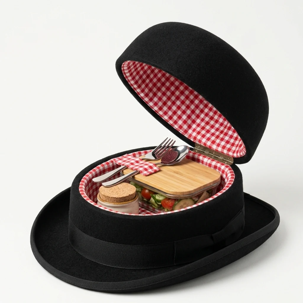 Chapeau melon avec panier pique-nique sous calotte